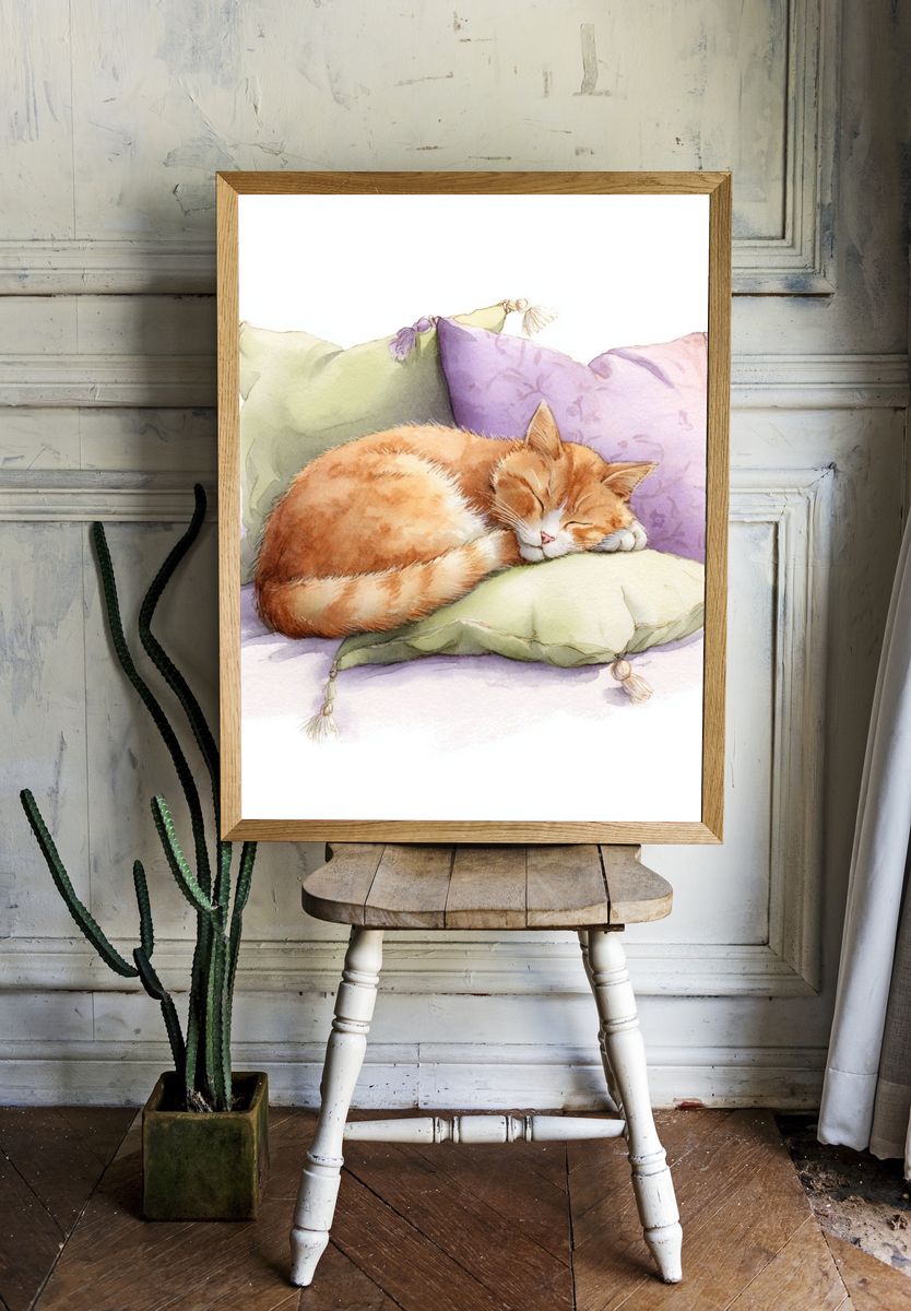 Sleeping Ginger Cat Watercolor Print. — room view 1