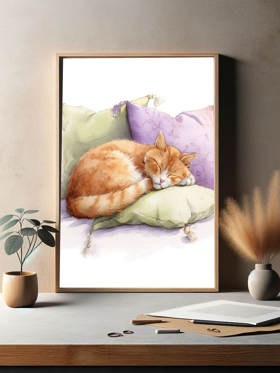 Sleeping Ginger Cat Watercolor Print. — room view 2
