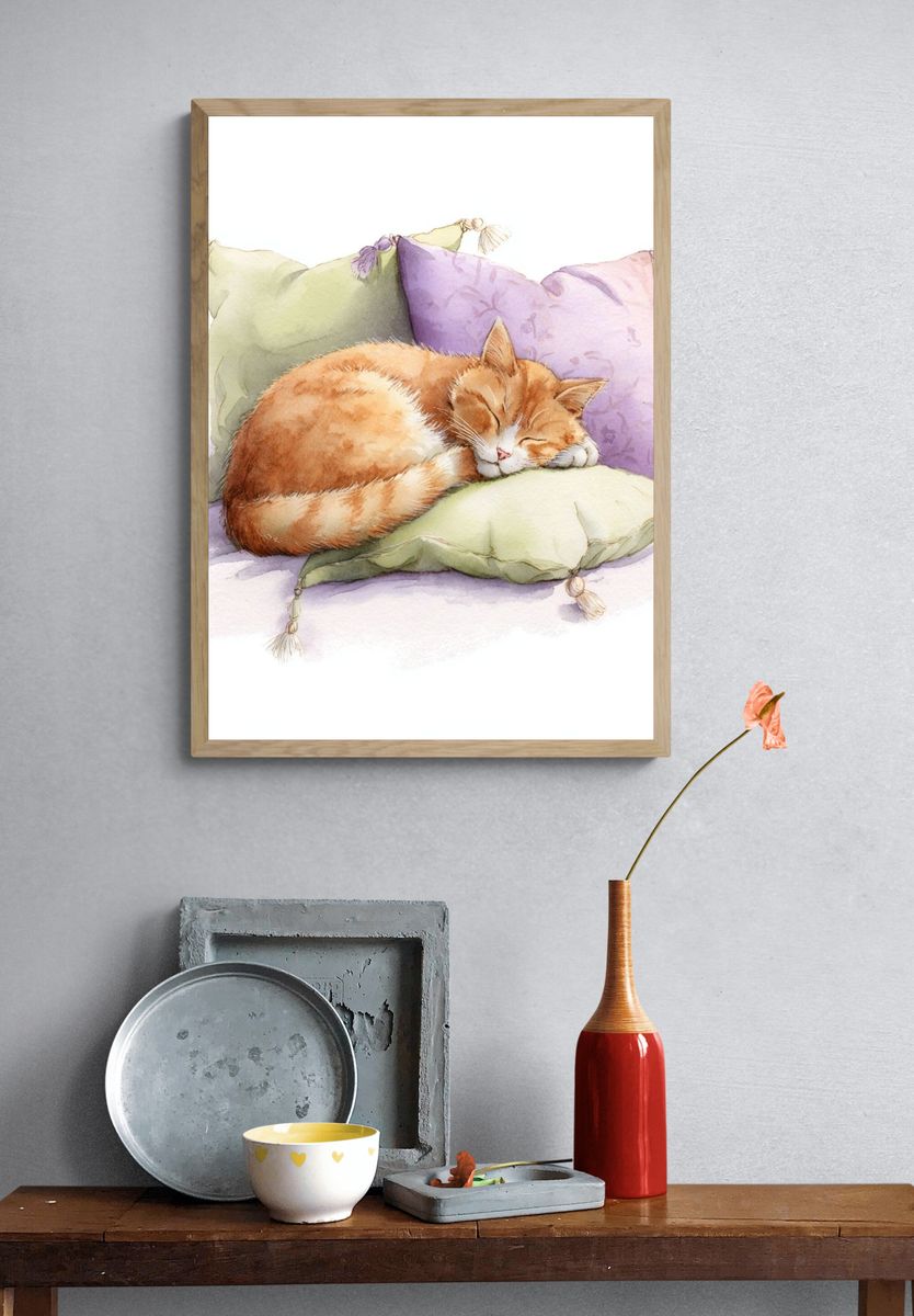 Sleeping Ginger Cat Watercolor Print. — room view 3