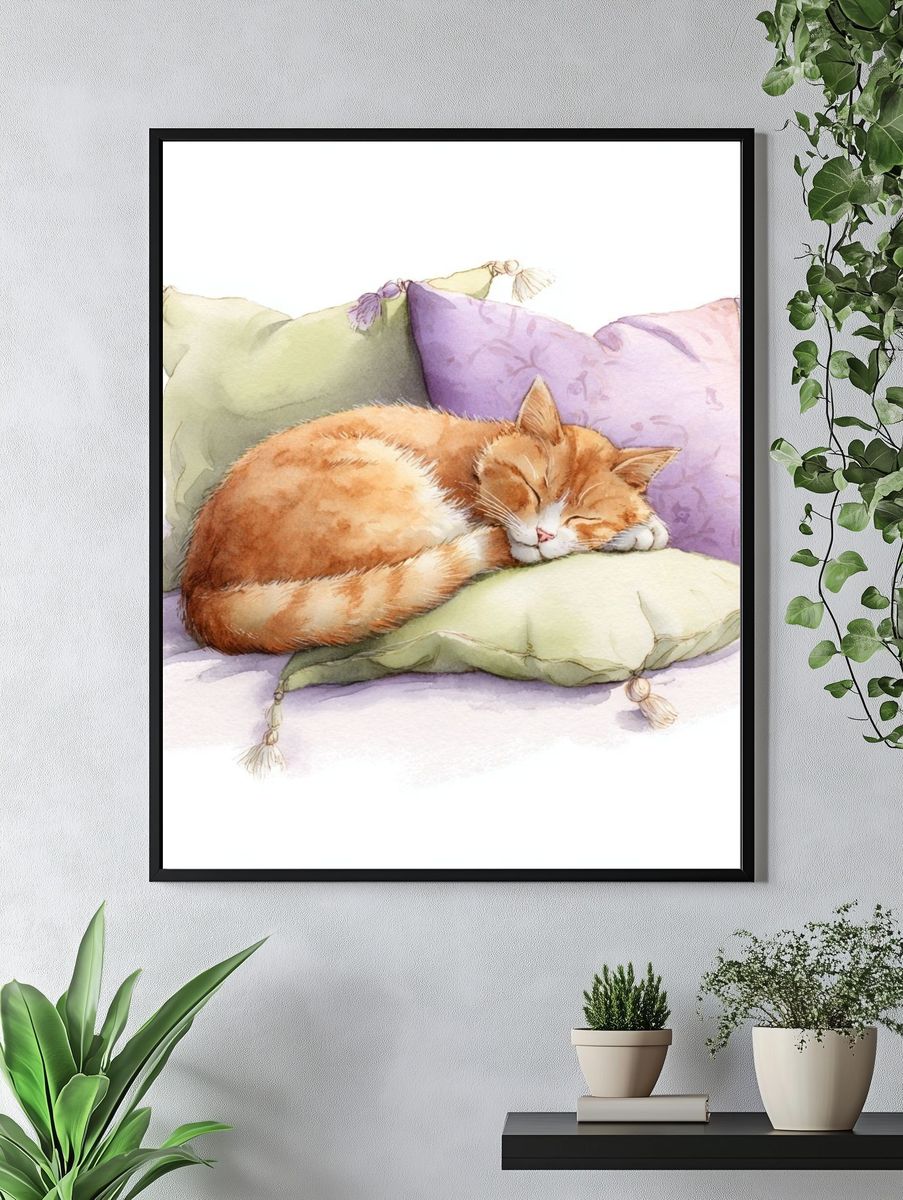 Sleeping Ginger Cat Watercolor Print. — room view 4