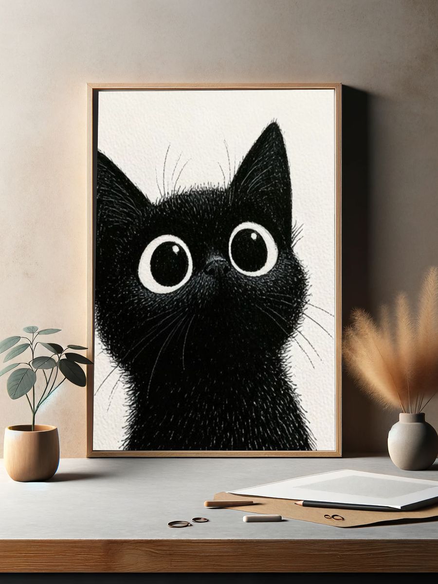 Black Cat Portrait Illustration Poster. — room view 2