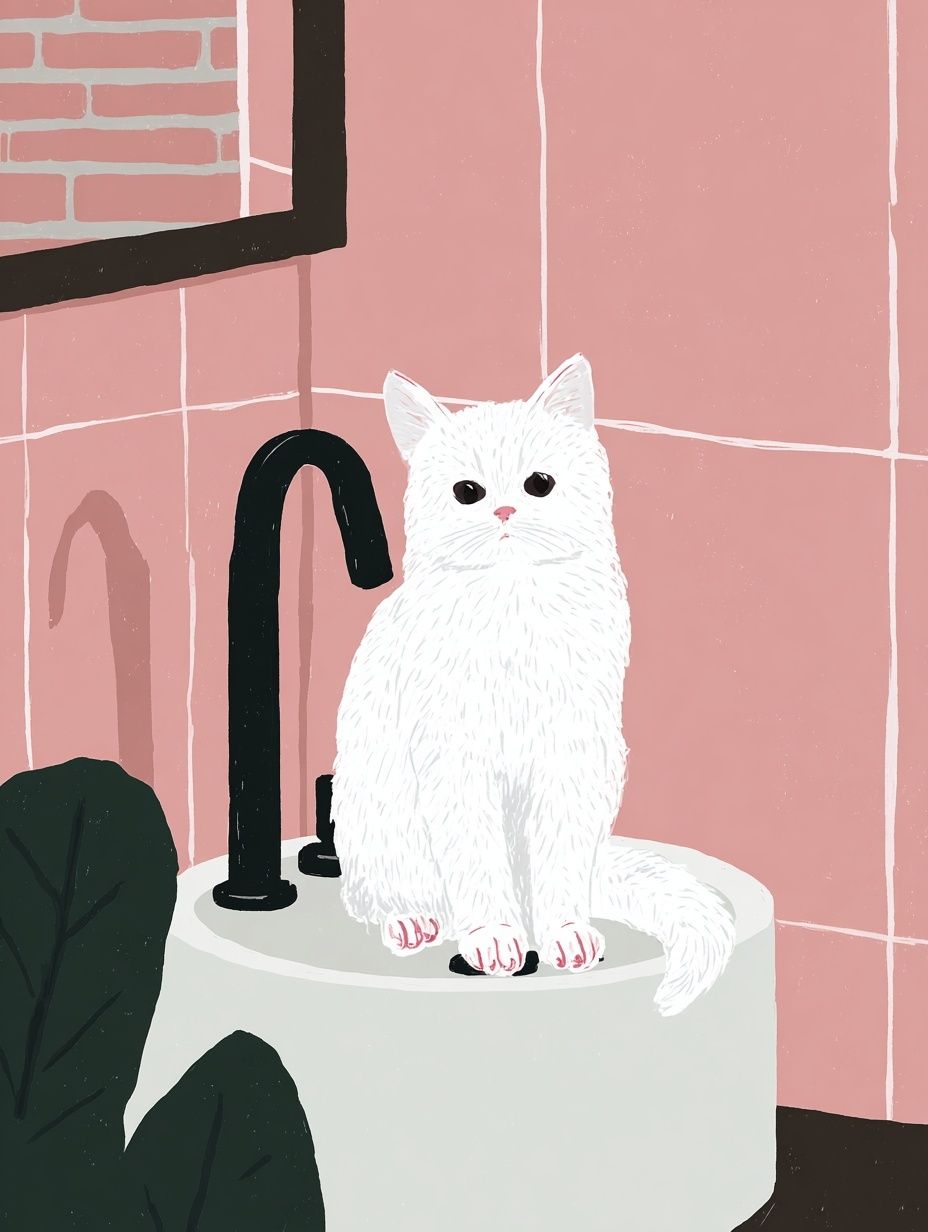 White Cat Bathroom Illustration Poster. poster detail