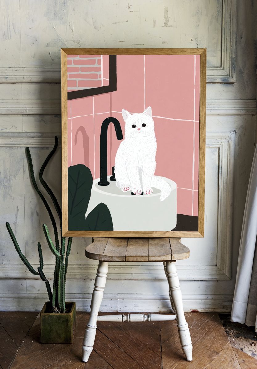White Cat Bathroom Illustration Poster. room preview