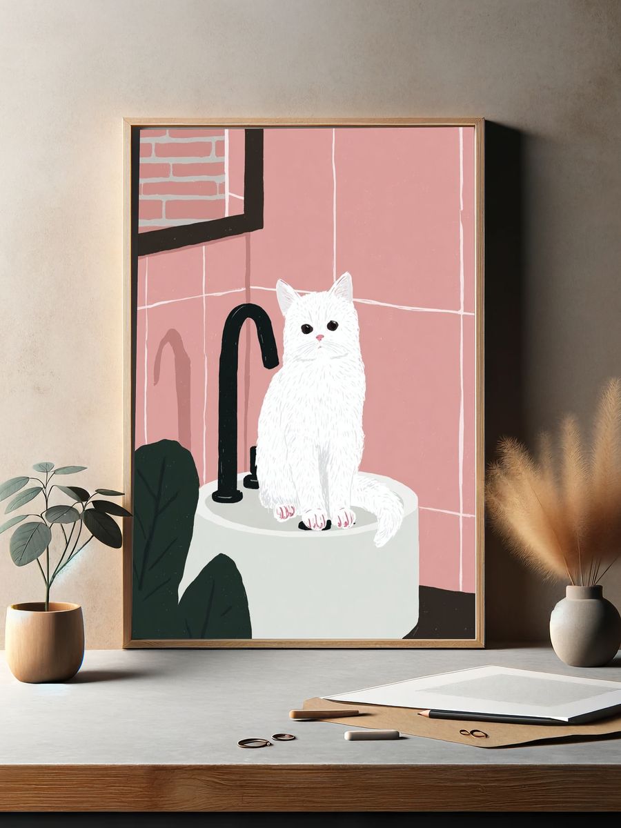 White Cat Bathroom Illustration Poster. — room view 2