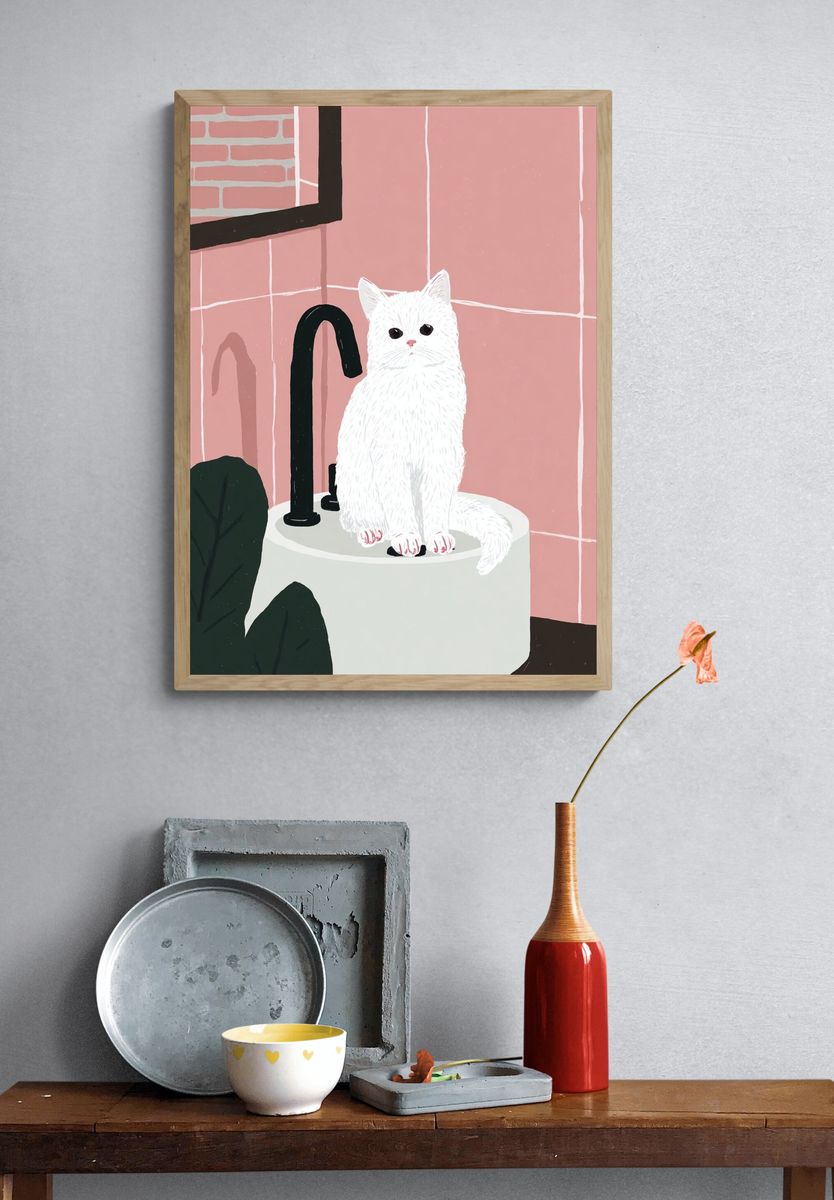 White Cat Bathroom Illustration Poster. — room view 3