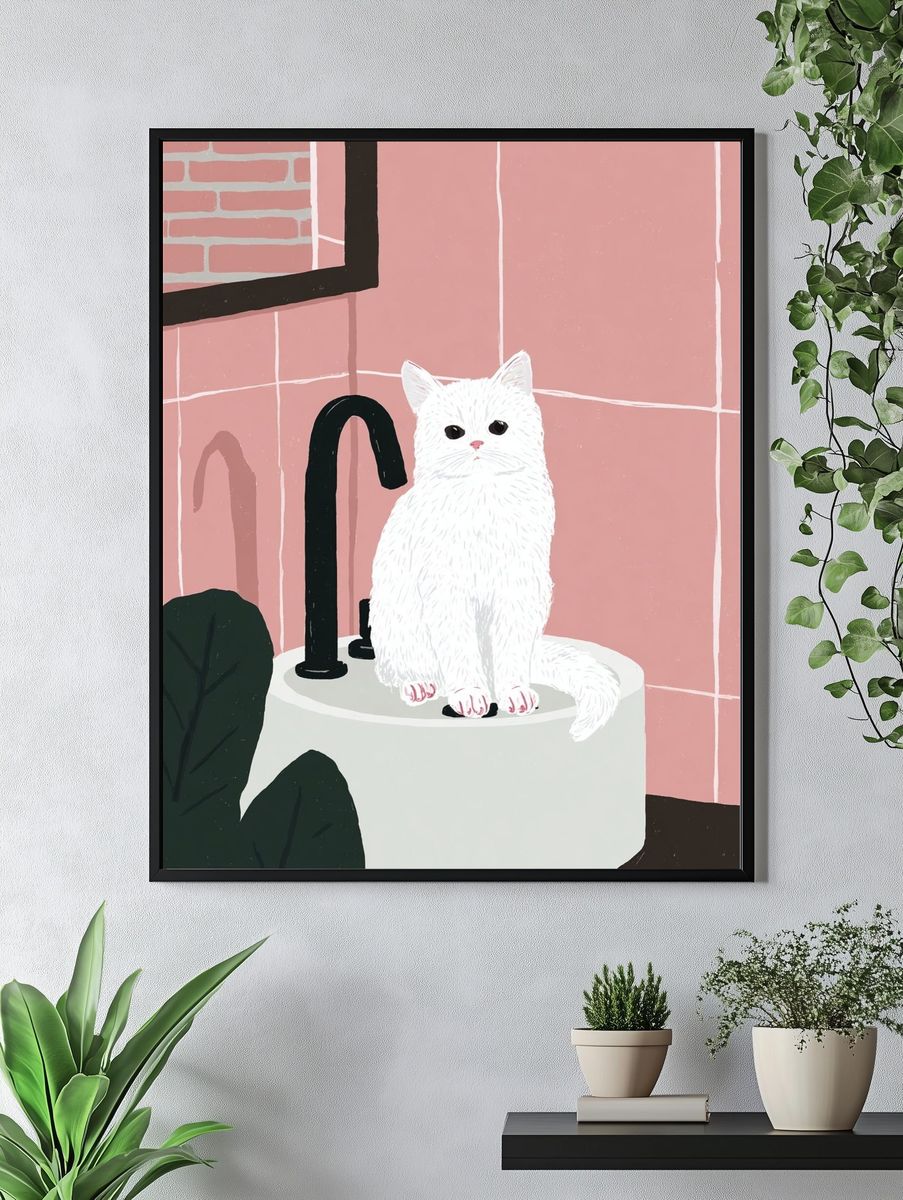 White Cat Bathroom Illustration Poster. — room view 4