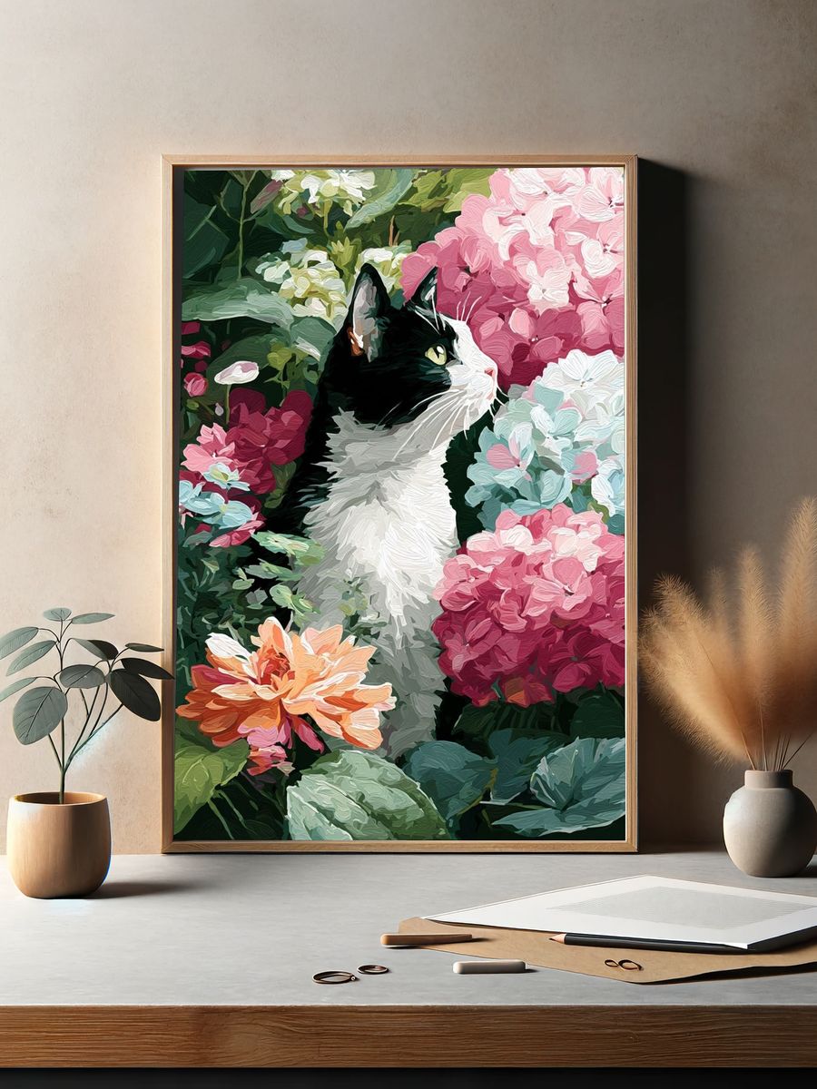 Cat Among Flowers — Illustration Print. — room view 2
