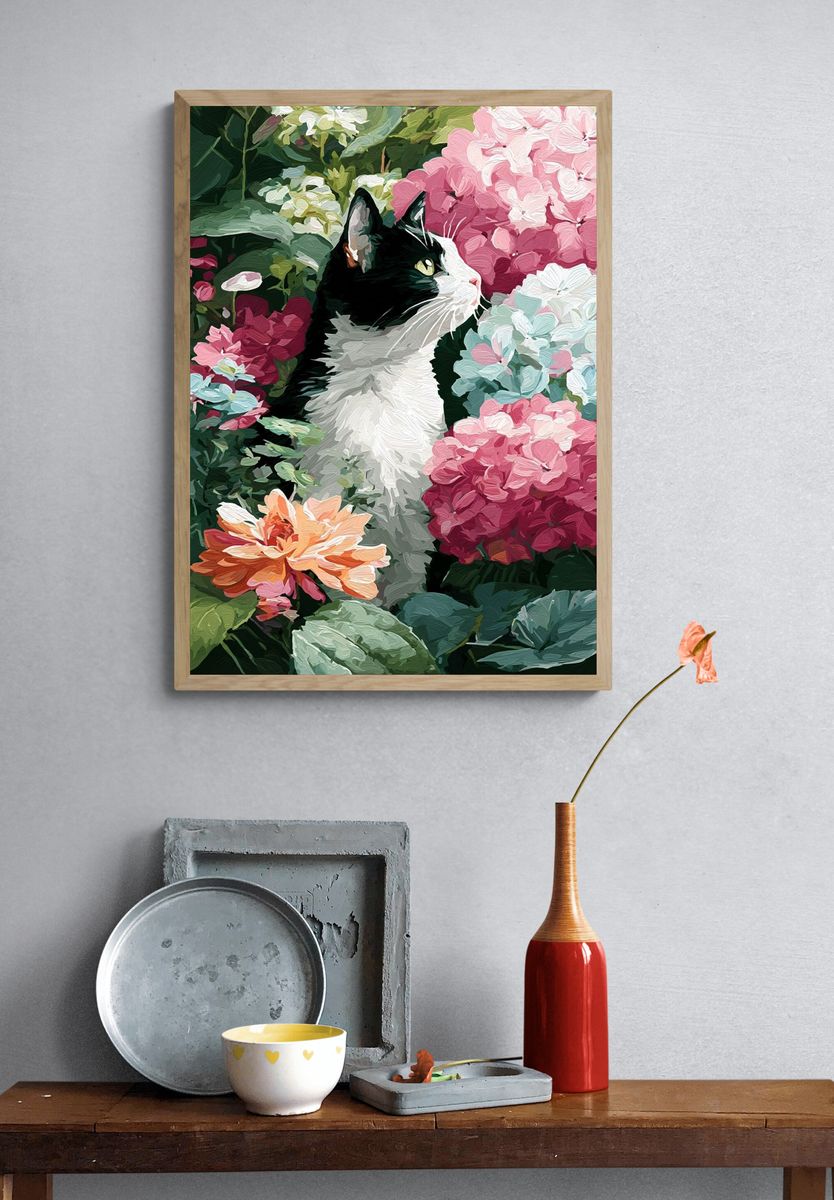 Cat Among Flowers — Illustration Print. — room view 3