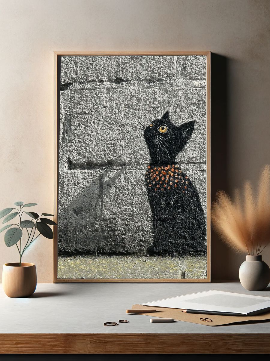 Black Cat with Orange Spots — Street Art Print. — room view 2