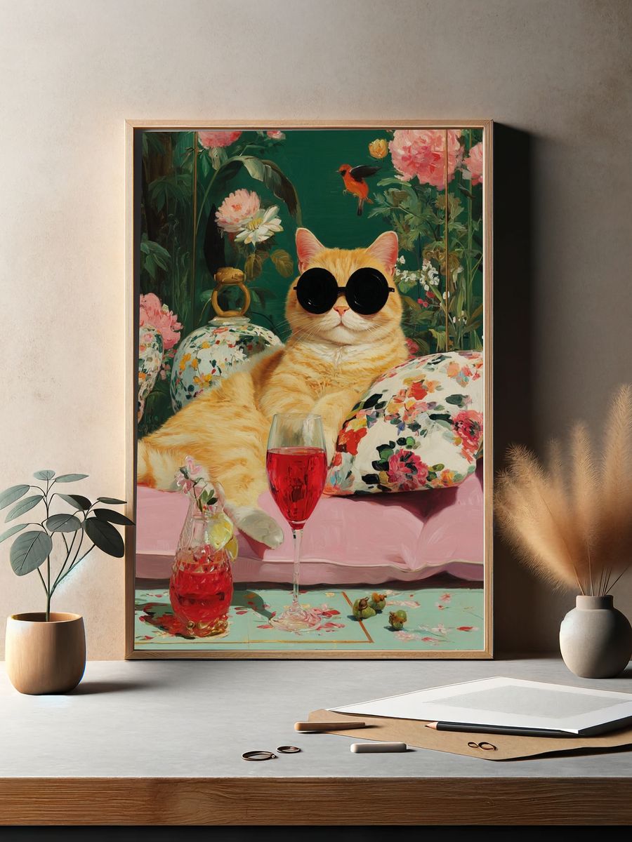 Chic Cat with Sunglasses — Illustration Print. — room view 2