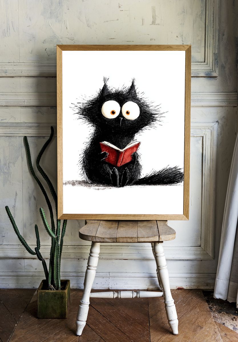 Reading Cat Illustration Poster. — room view 1
