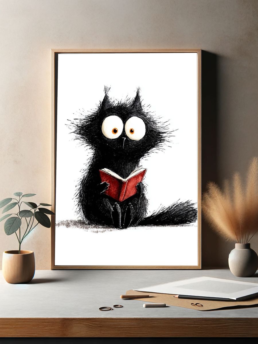 Reading Cat Illustration Poster. — room view 2