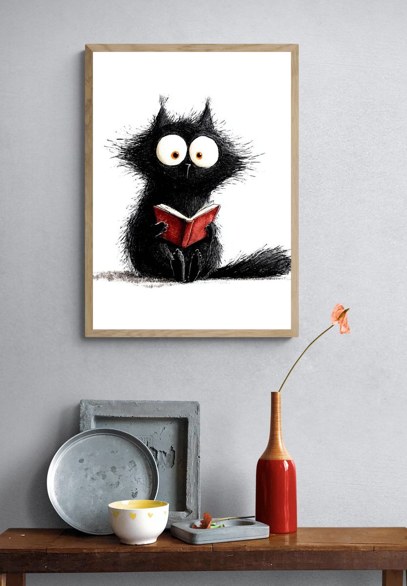 Reading Cat Illustration Poster. — room view 3