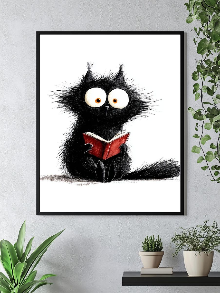 Reading Cat Illustration Poster. — room view 4