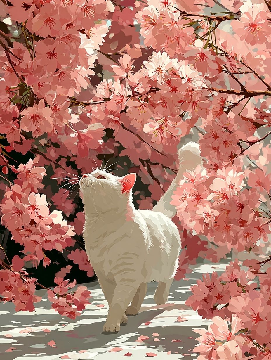 White Cat Among Cherry Blossoms — Illustration Print. poster detail