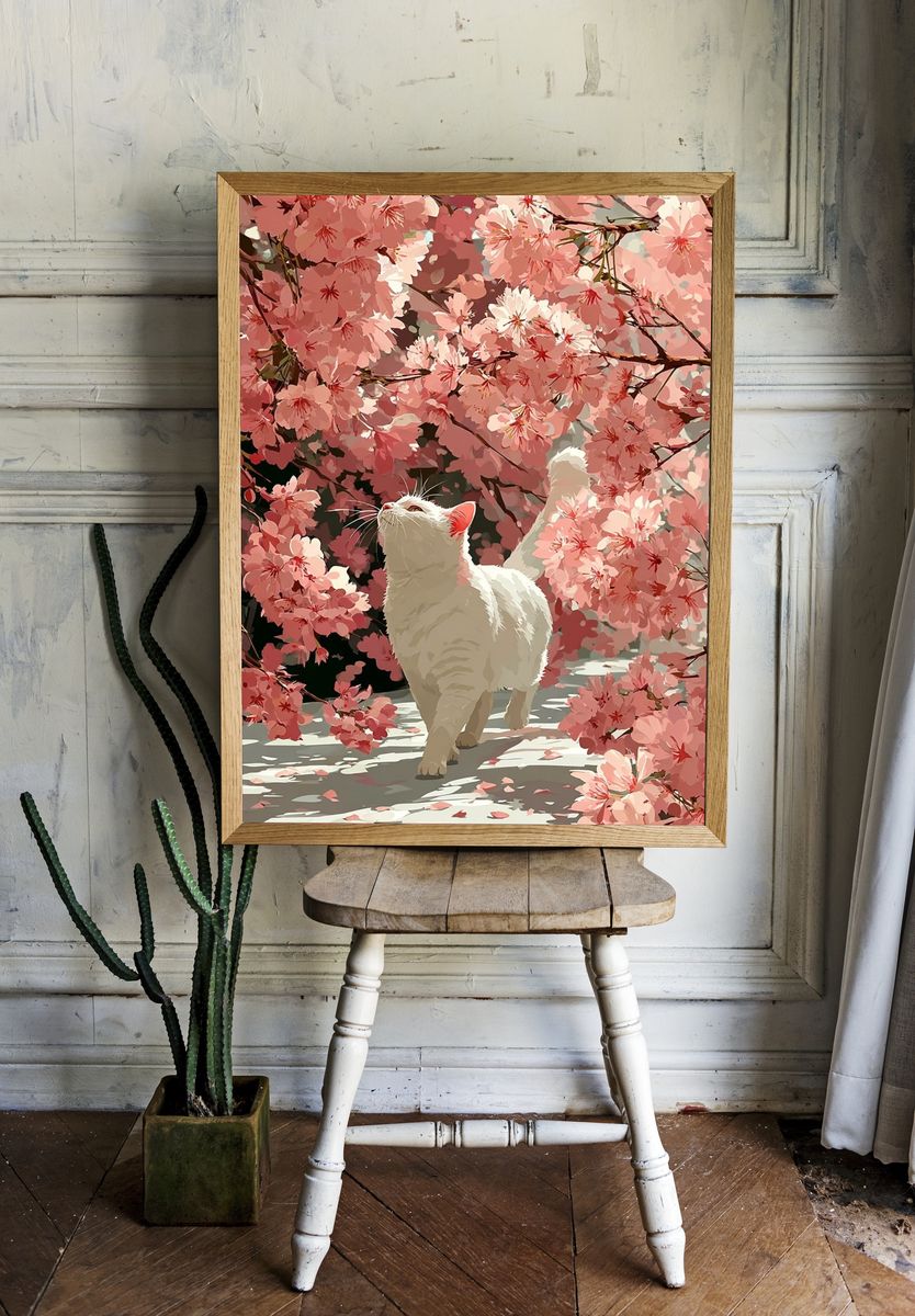 White Cat Among Cherry Blossoms — Illustration Print. — room view 1