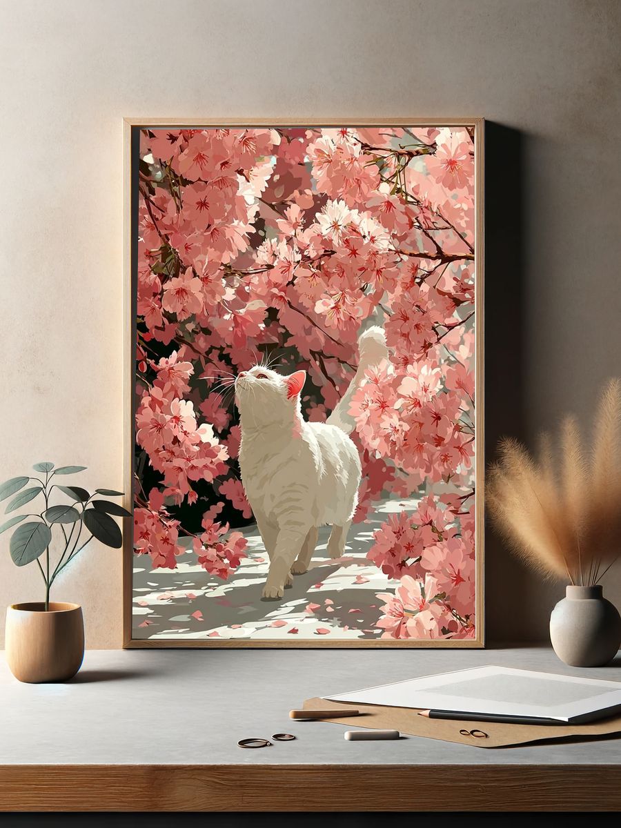 White Cat Among Cherry Blossoms — Illustration Print. — room view 2
