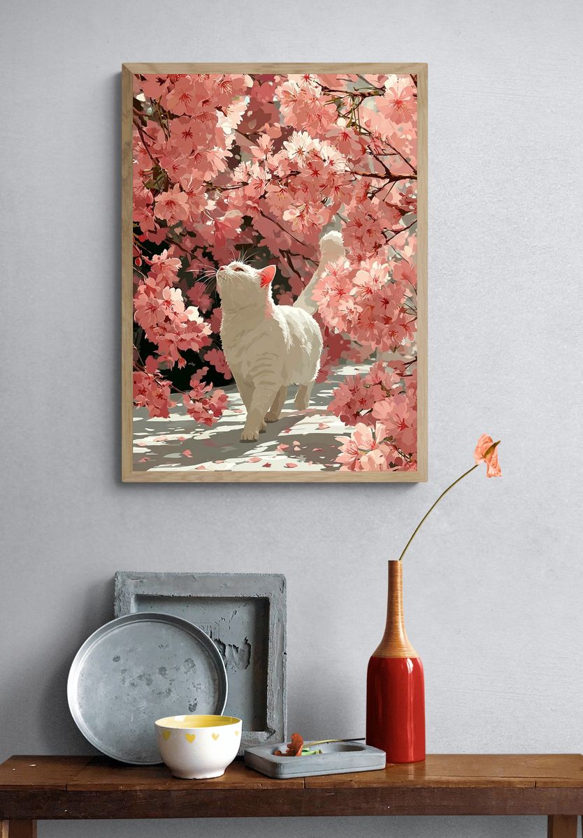 White Cat Among Cherry Blossoms — Illustration Print. — room view 3