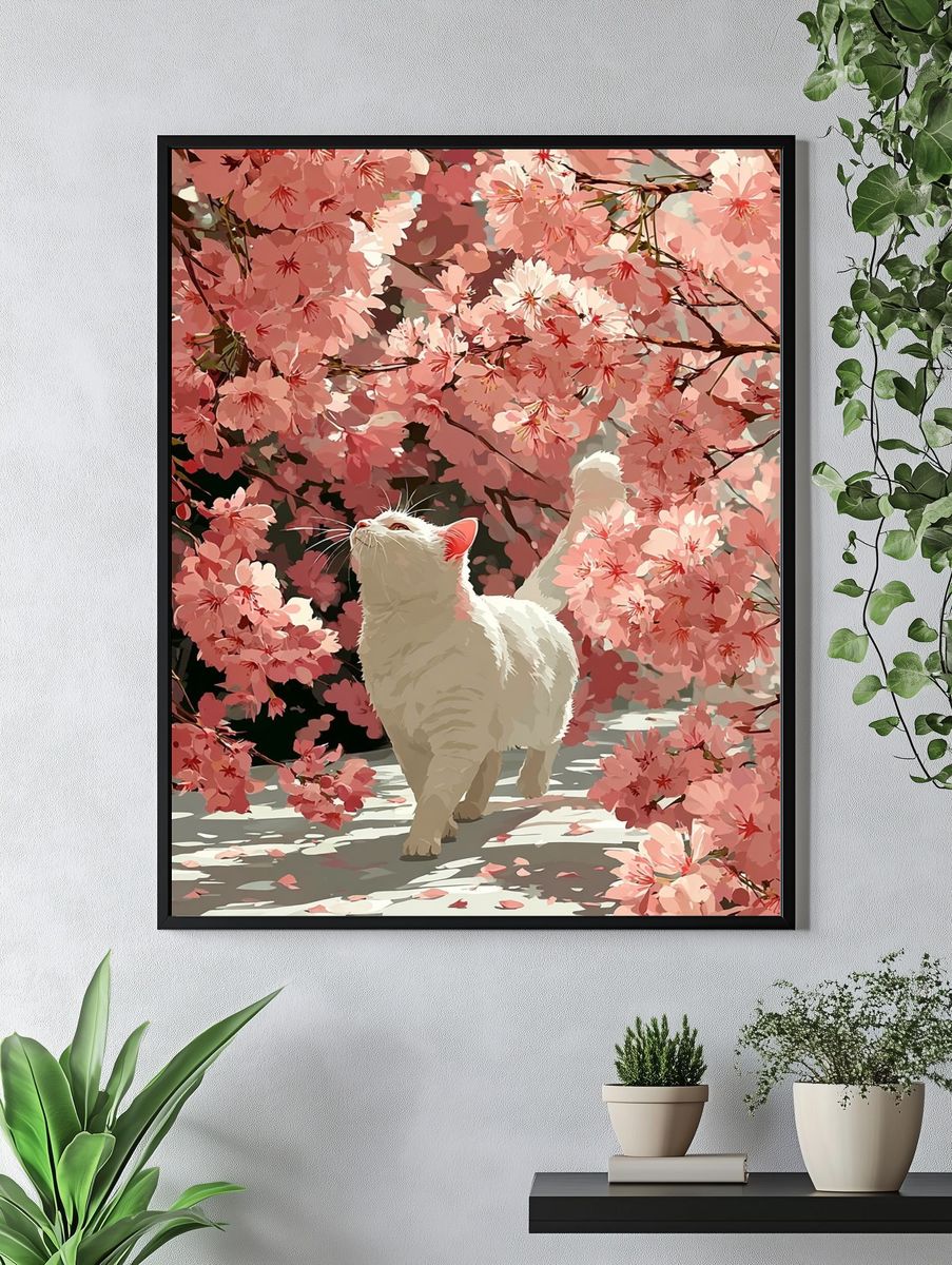 White Cat Among Cherry Blossoms — Illustration Print. — room view 4