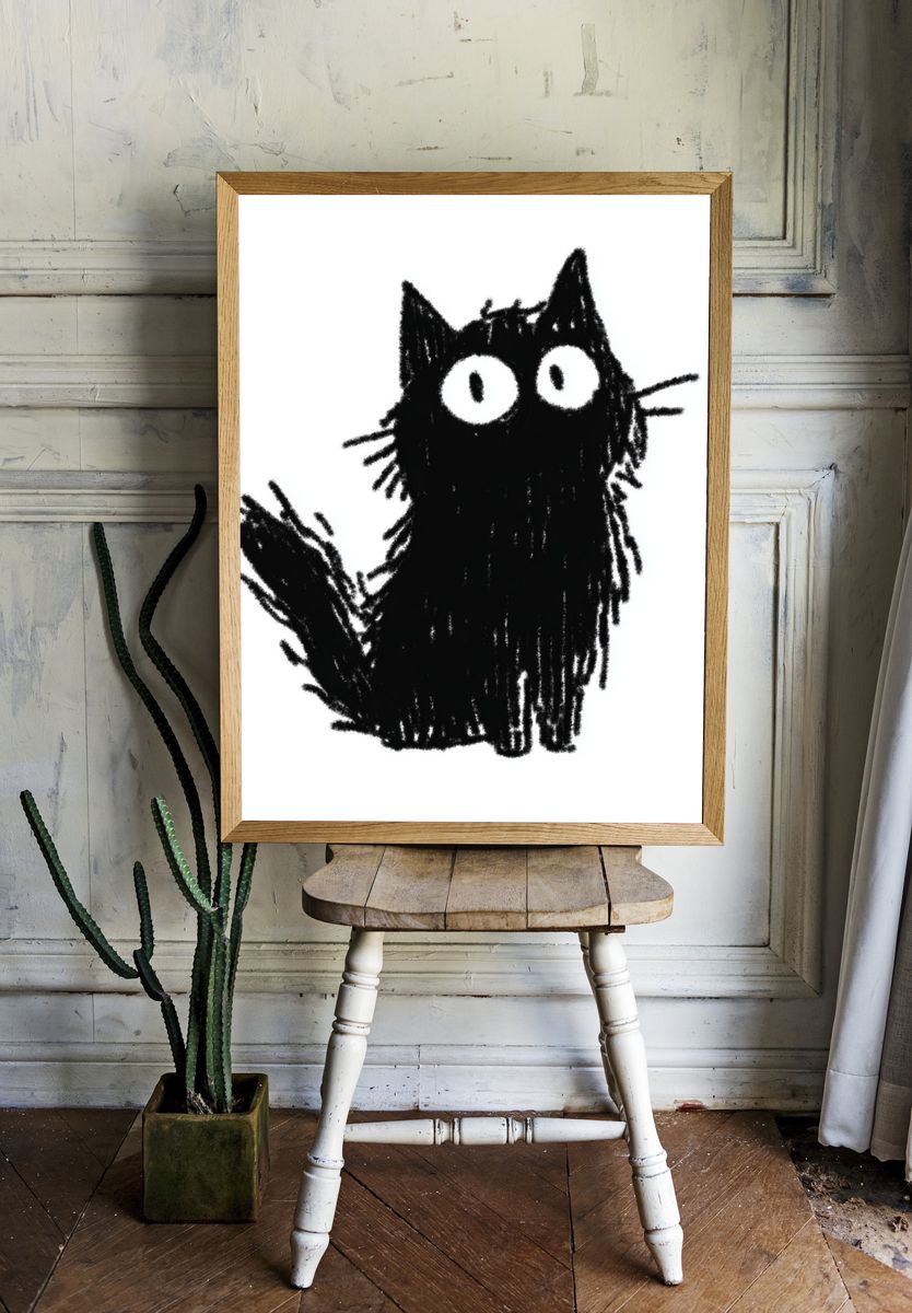 Cute Black Cat — Illustration Print. — room view 1