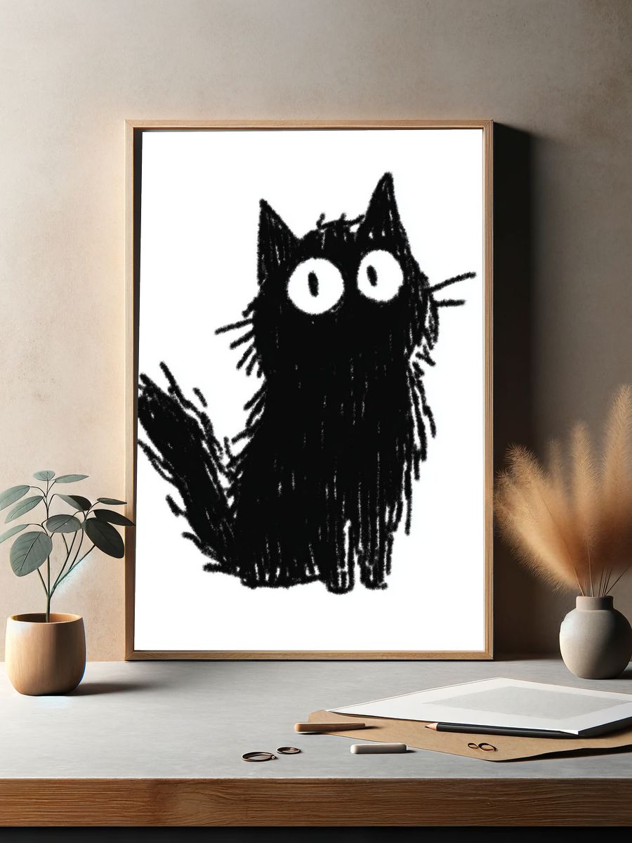 Cute Black Cat — Illustration Print. — room view 2