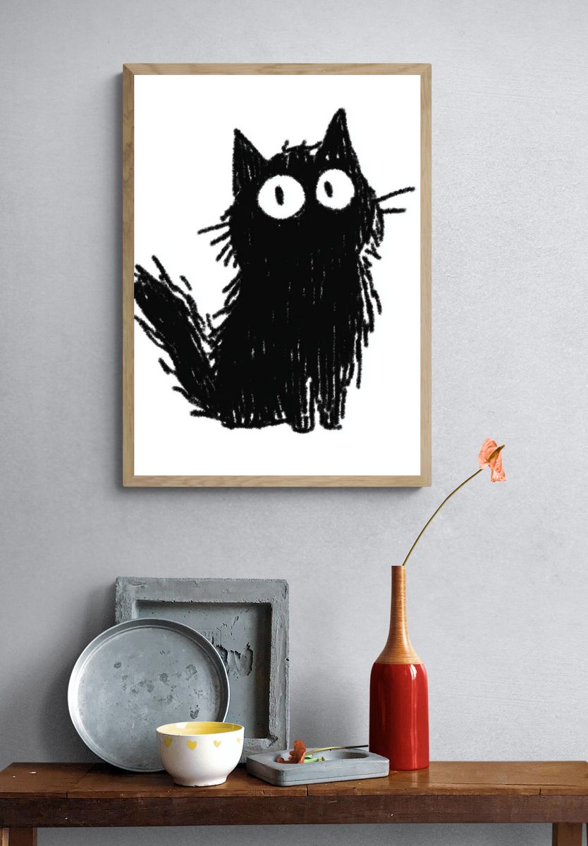 Cute Black Cat — Illustration Print. — room view 3