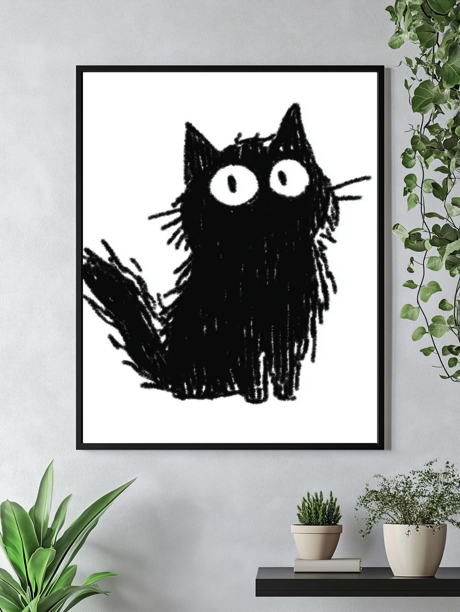 Cute Black Cat — Illustration Print. — room view 4