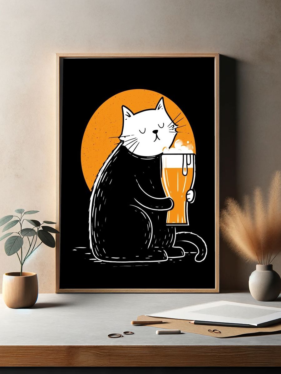 Cat Beer Illustration Poster. — room view 2