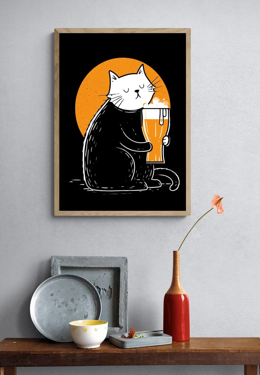 Cat Beer Illustration Poster. — room view 3