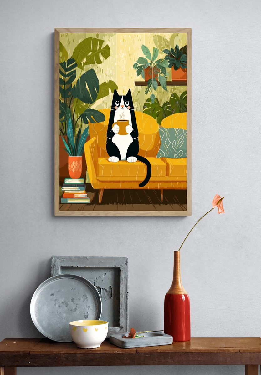 Cozy Cat with Coffee — Illustration Print. — room view 3