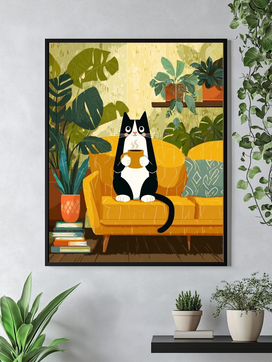 Cozy Cat with Coffee — Illustration Print. — room view 4