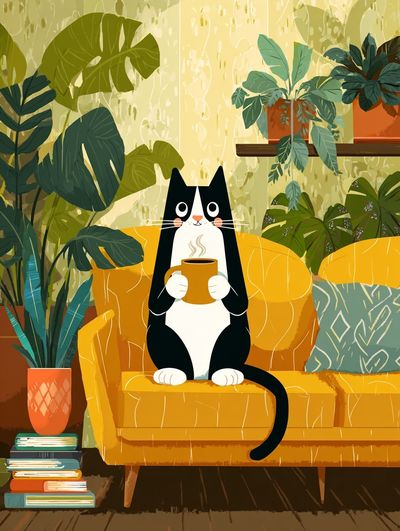 Cozy Cat with Coffee — Illustration Print. poster