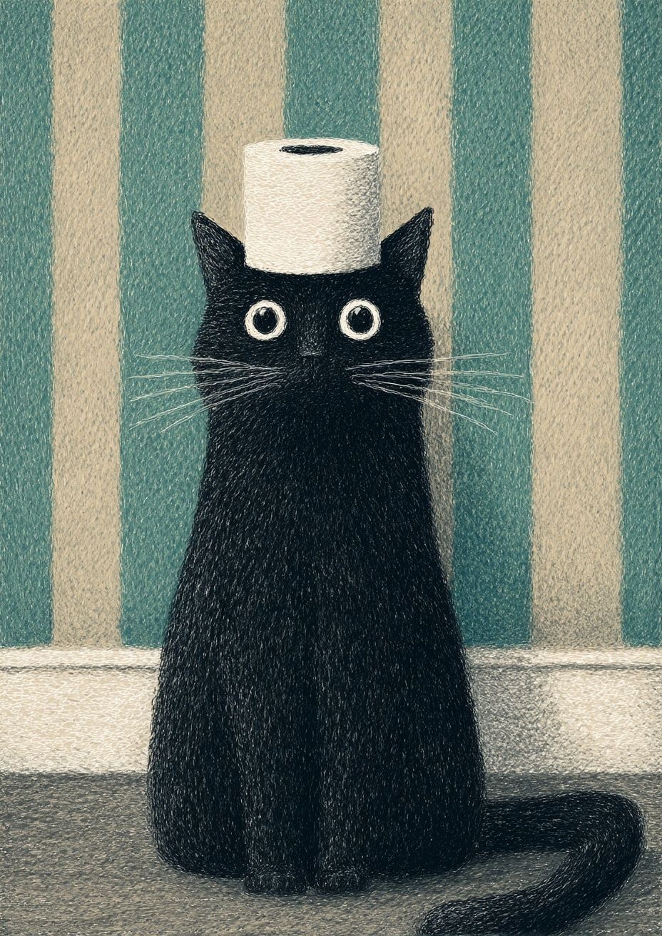 Black Cat with Toilet Paper Roll Print. poster — illustration art