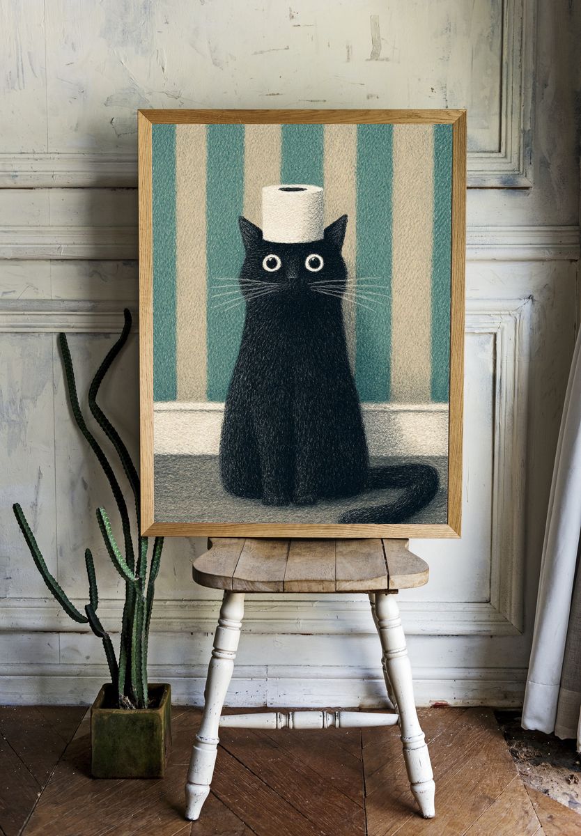 Black Cat with Toilet Paper Roll Print. — room view 1