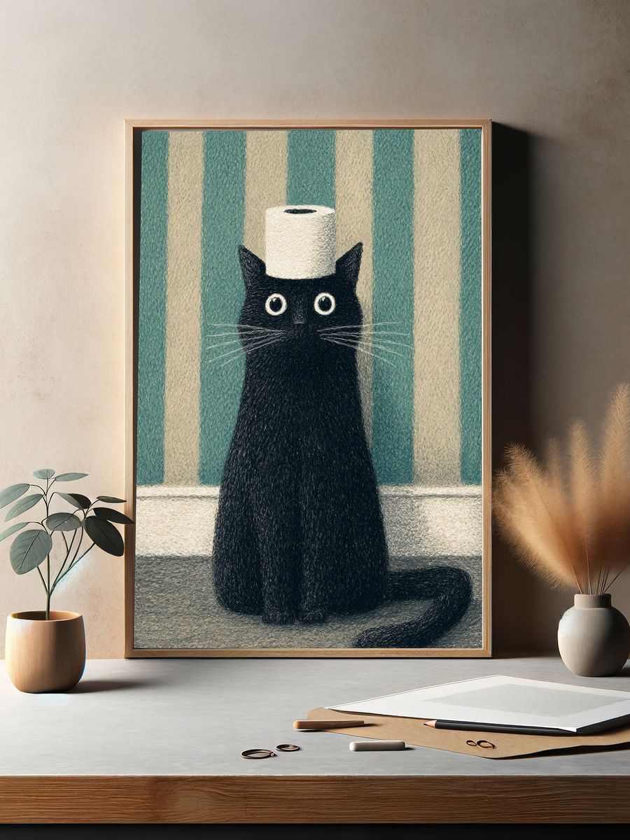 Black Cat with Toilet Paper Roll Print. — room view 2