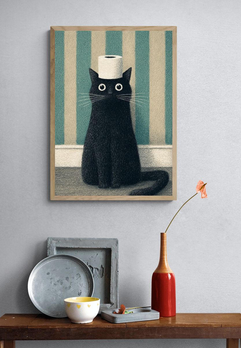 Black Cat with Toilet Paper Roll Print. — room view 3