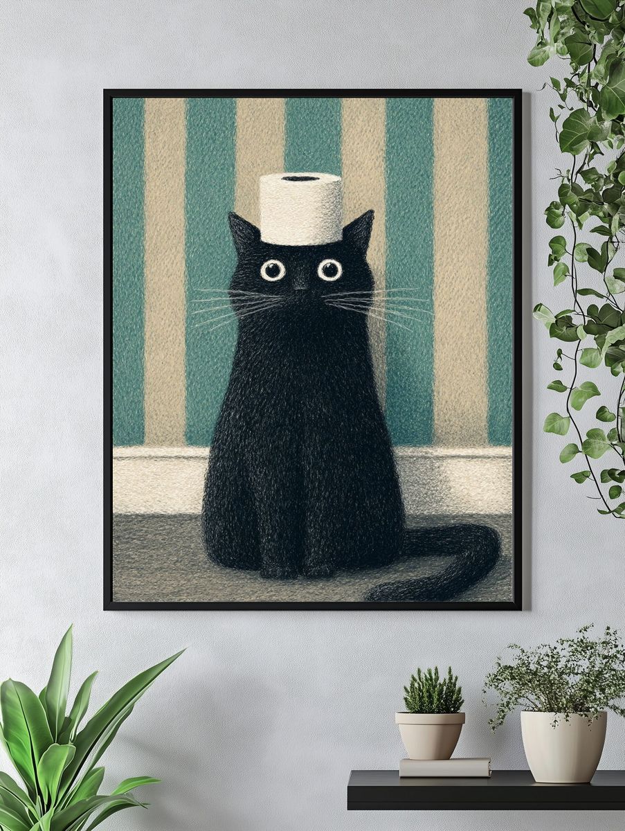 Black Cat with Toilet Paper Roll Print. — room view 4