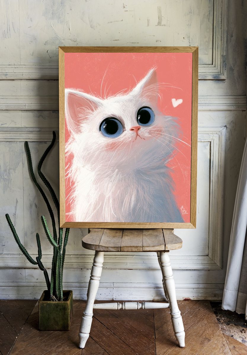 White Kitten Portrait Illustration Poster. — room view 1