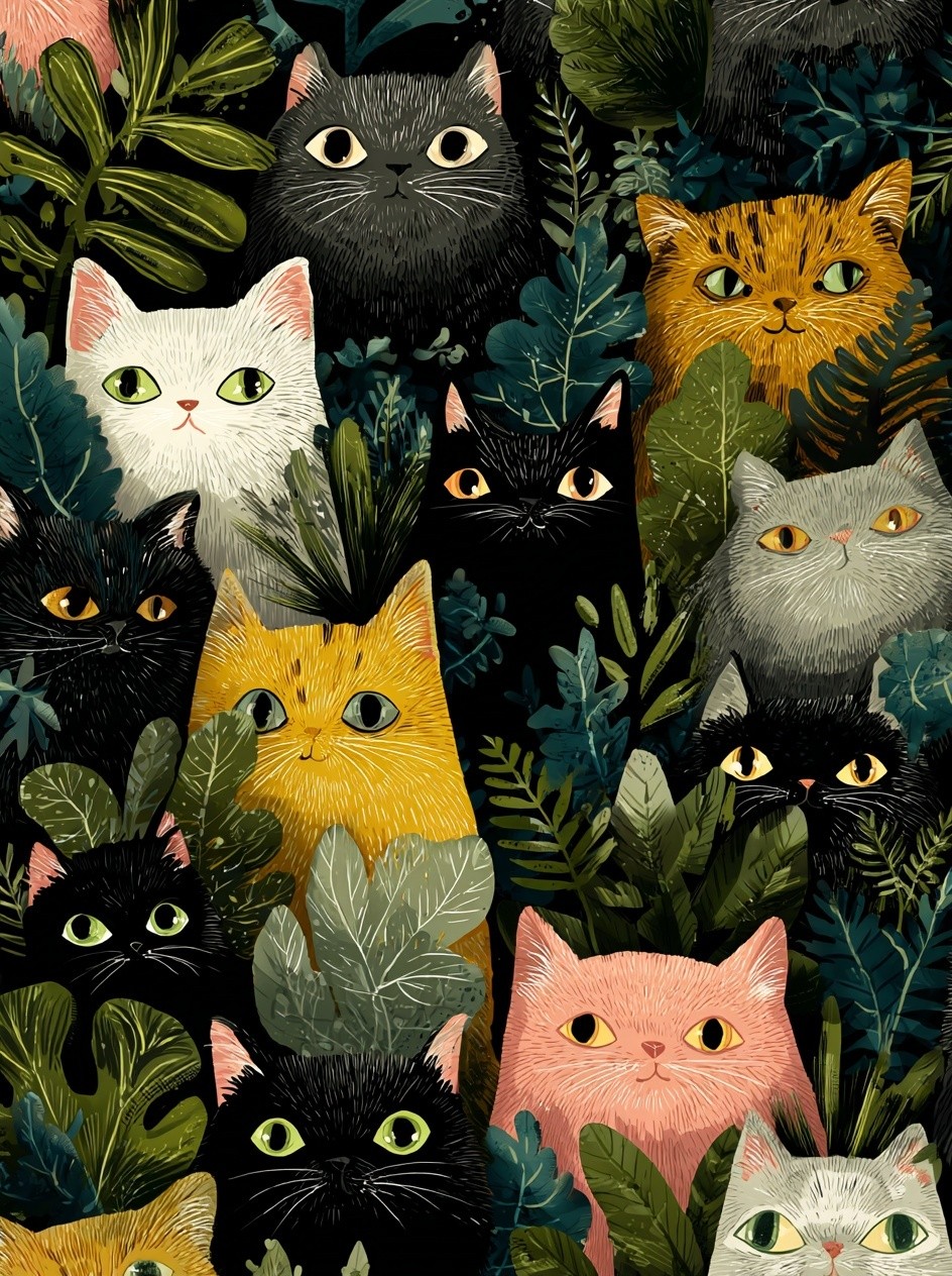 Colorful Cats in Jungle — Illustration Print. poster detail