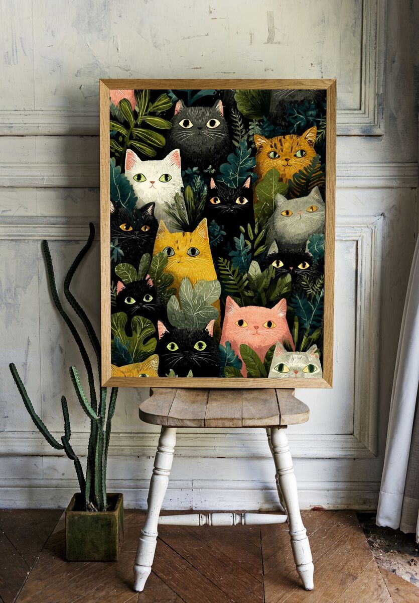 Colorful Cats in Jungle — Illustration Print. — room view 1