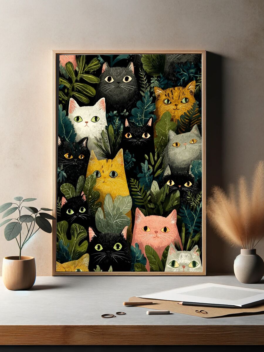 Colorful Cats in Jungle — Illustration Print. — room view 2