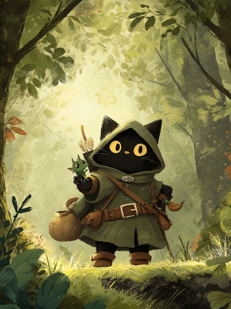 Adventurous Cat in Forest — Illustration Print. poster detail