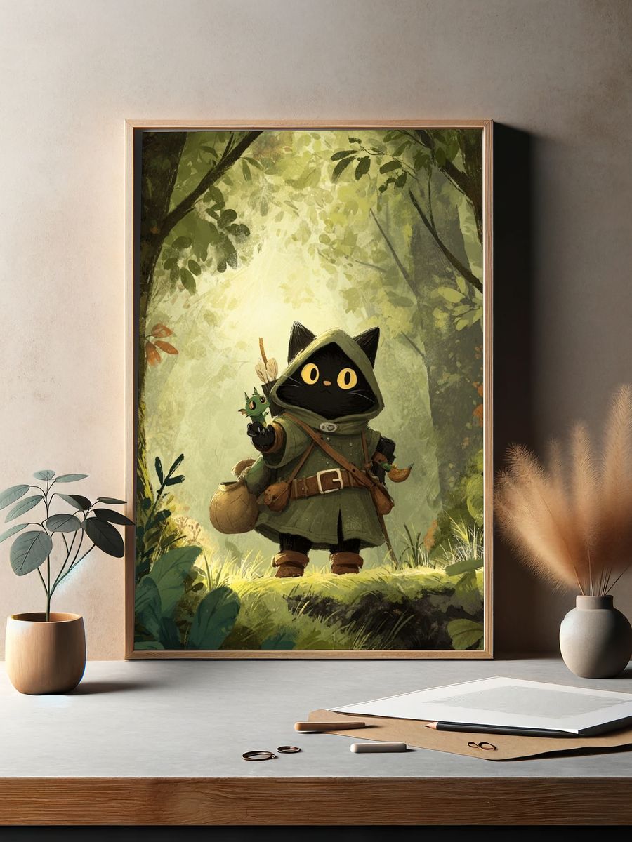 Adventurous Cat in Forest — Illustration Print. — room view 2