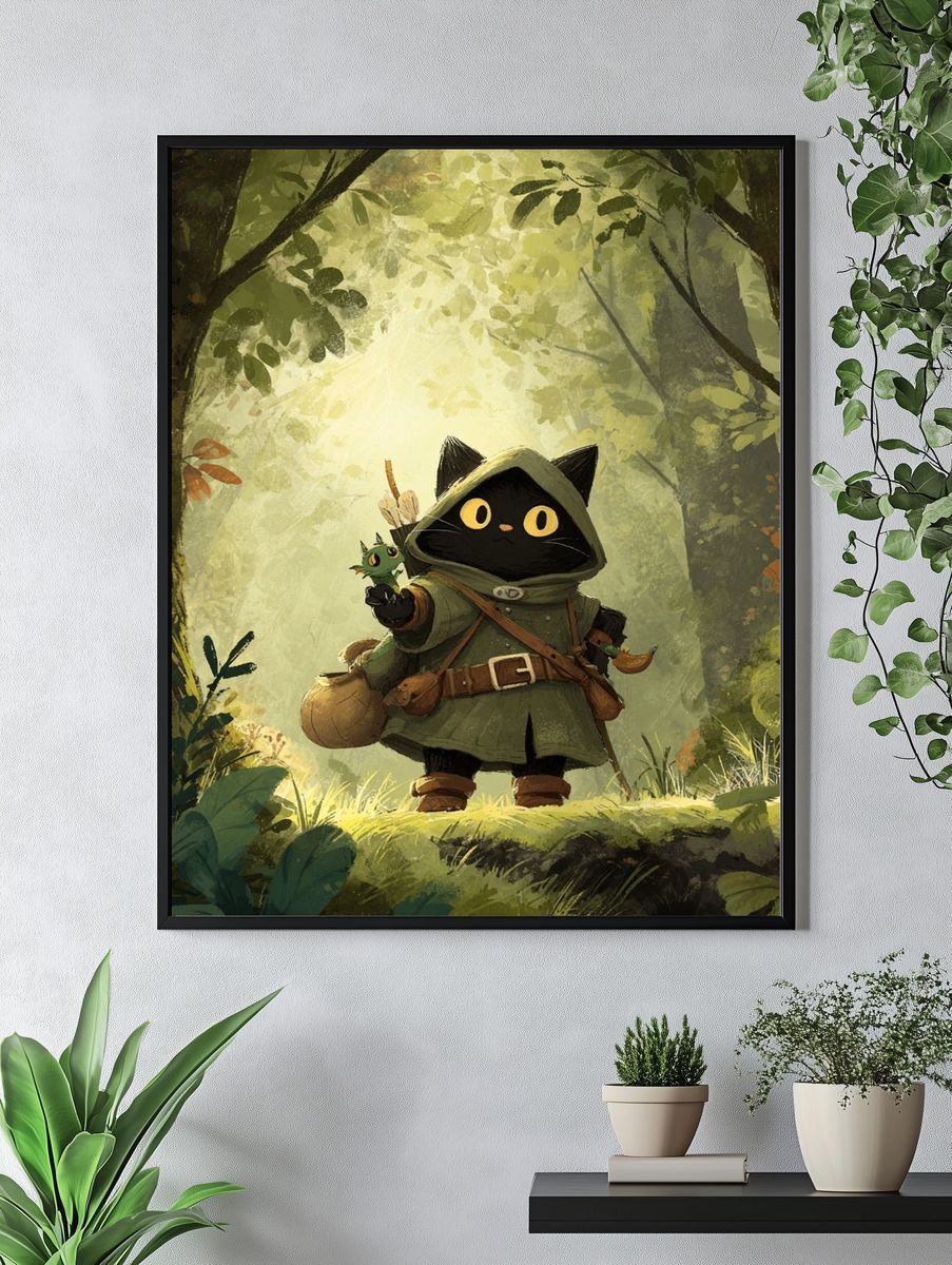 Adventurous Cat in Forest — Illustration Print. — room view 4