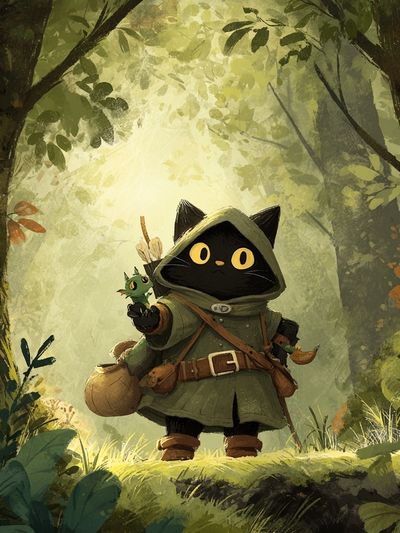 Adventurous Cat in Forest — Illustration Print. poster print