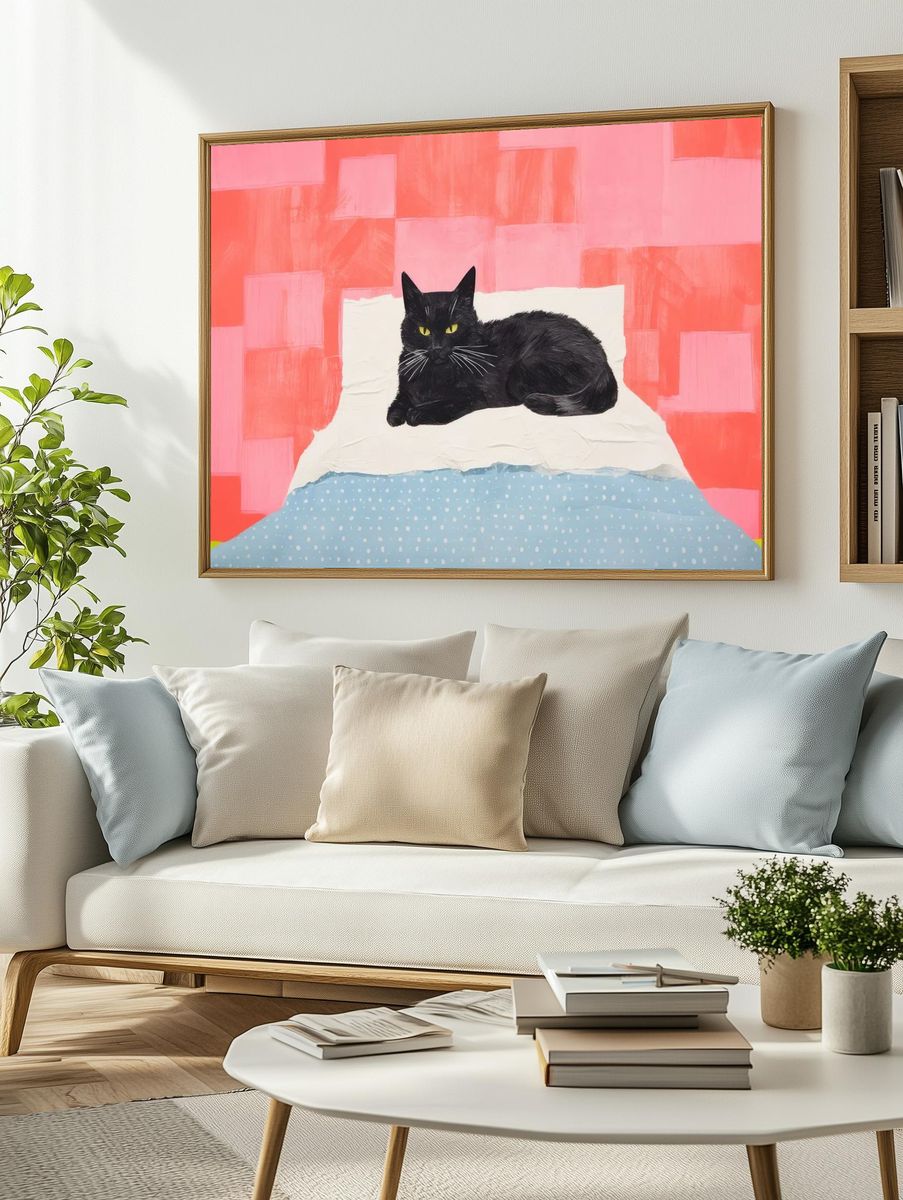 Black Cat on Bed Illustration Poster. — room view 2