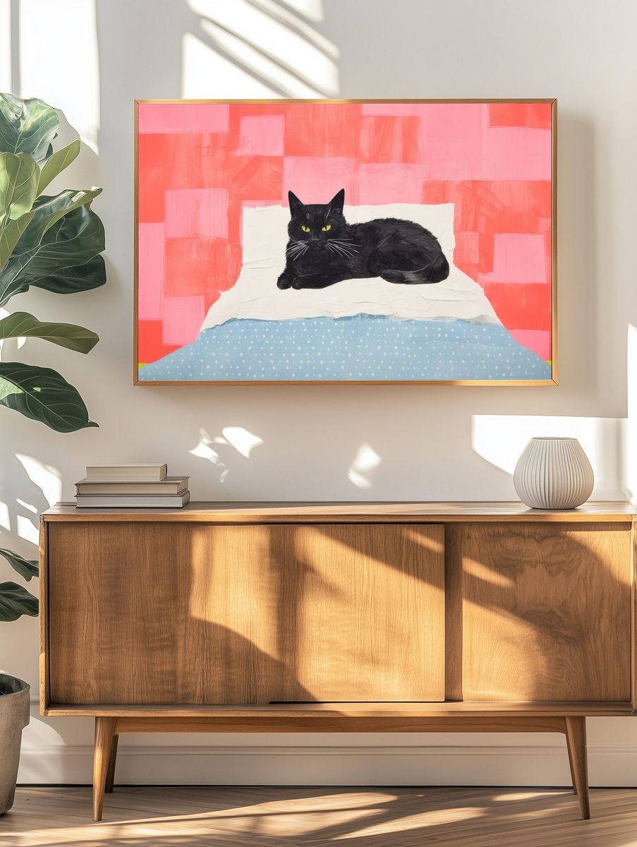 Black Cat on Bed Illustration Poster. — room view 3