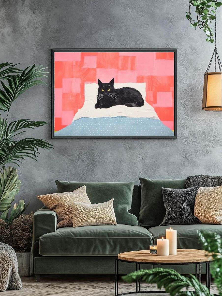 Black Cat on Bed Illustration Poster. — room view 4