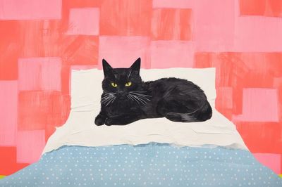 Black Cat on Bed Illustration Poster.