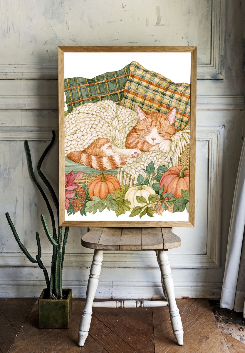 Sleeping Cat Autumn Watercolor Poster. room preview